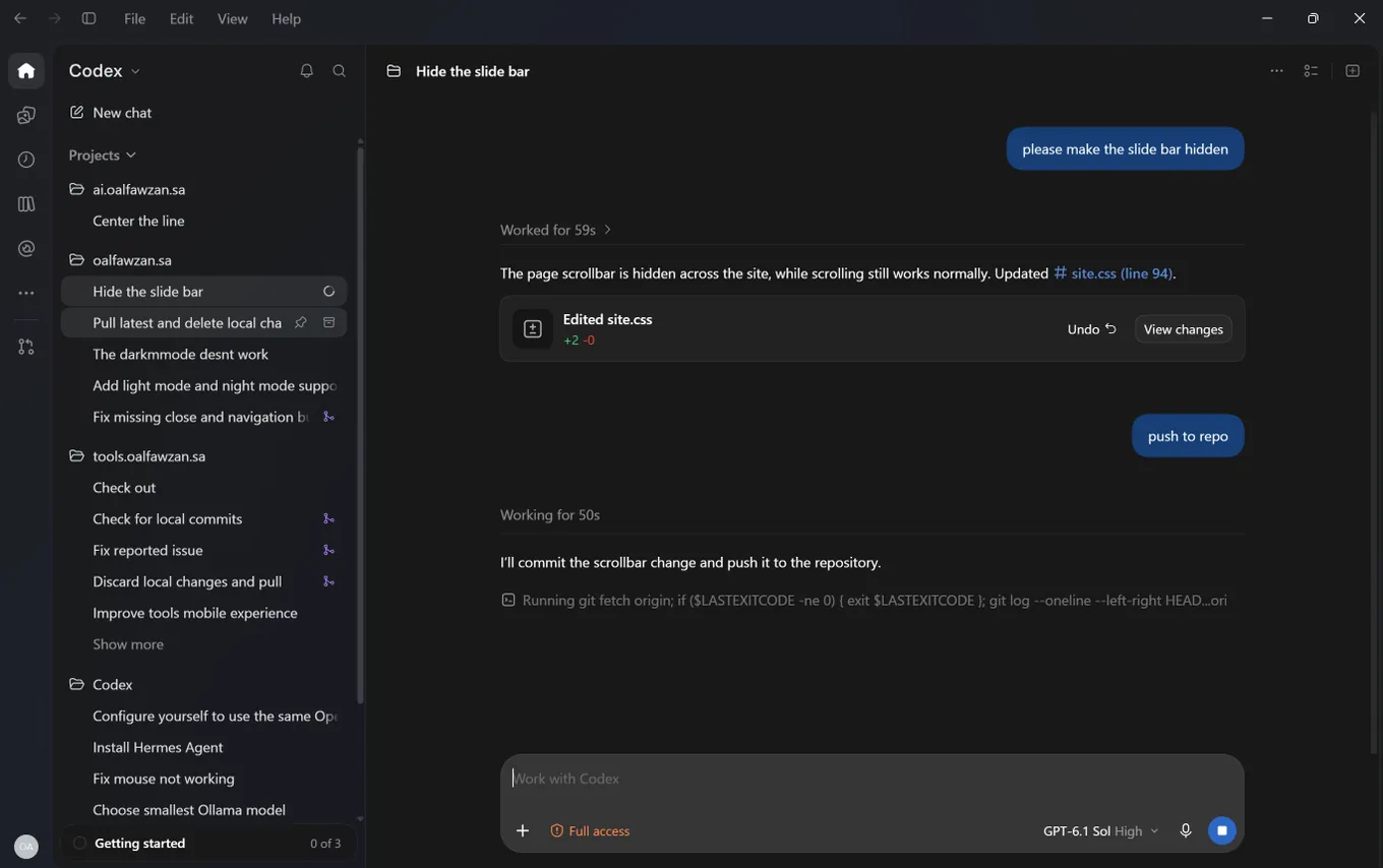 واجهة OpenCode أثناء التعامل مع ملفات مشروع الموقع