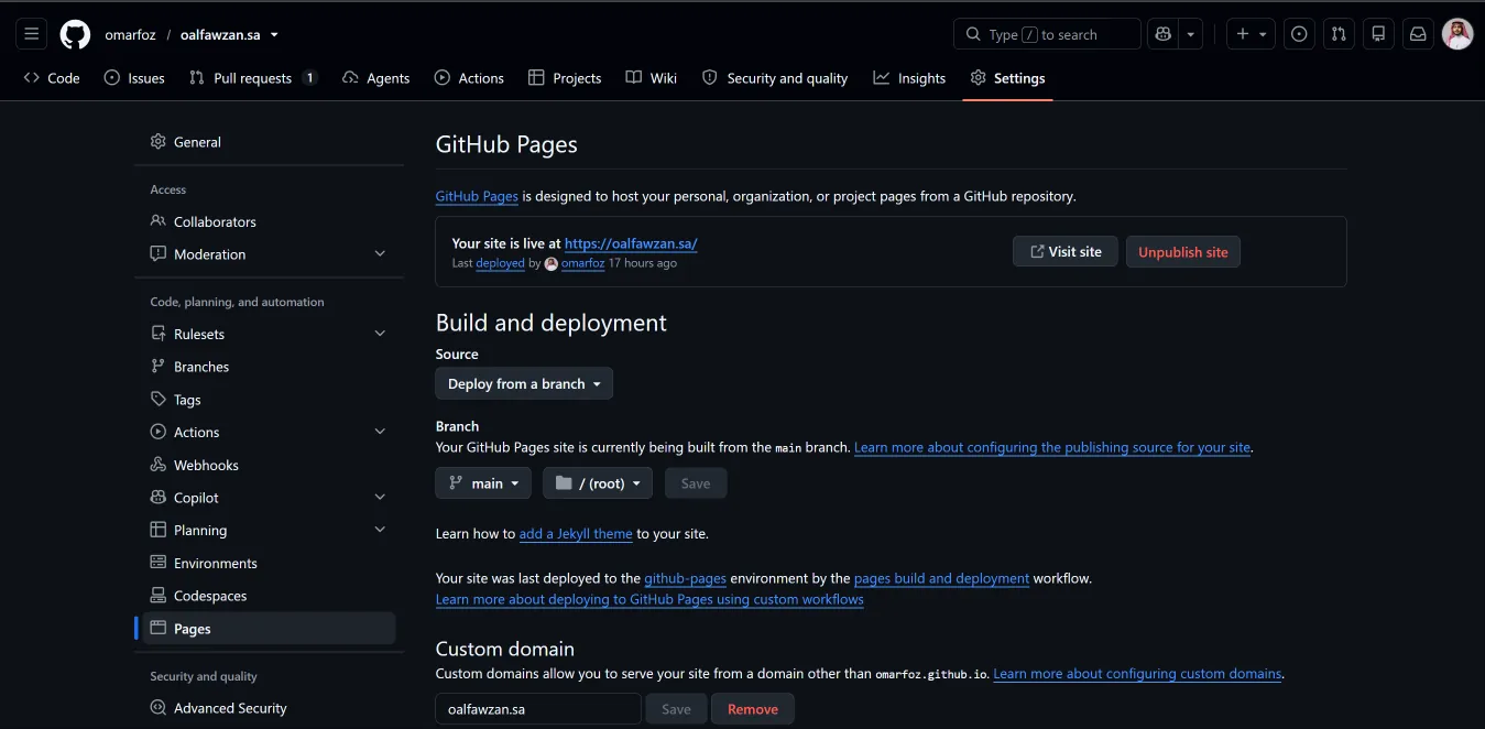 إعداد GitHub Pages ونطاق الموقع المخصص