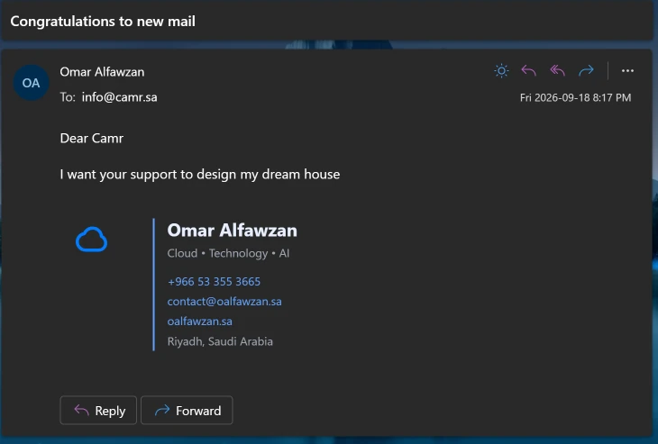 مثال عملي للبريد الإلكتروني الشخصي المرتبط بنطاق oalfawzan.sa في Outlook
